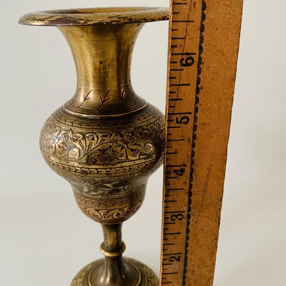 Vintage Indian Etched Florals Brass Fluted Vases Set Of 2 (7”)